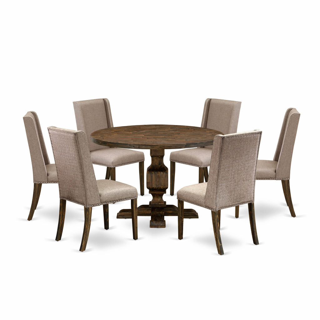 I3FL7-HOW 7-Piece Dining Collection Circular Wood Table & 6 Linen Chairs, Distressed Jacobean, 48''