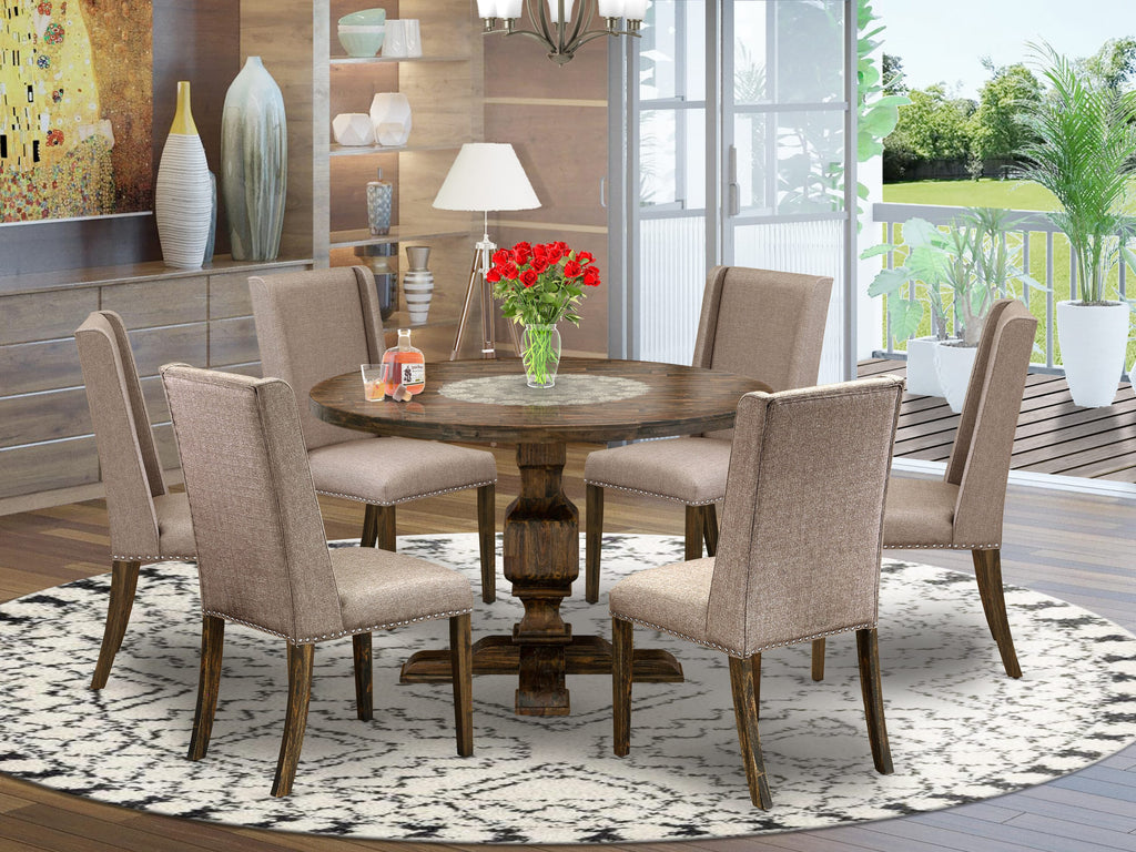 I3FL7-HOW 7-Piece Dining Collection Circular Wood Table & 6 Linen Chairs, Distressed Jacobean, 48''