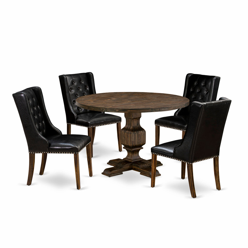 I3FO5-RIW 5-Piece Dining Collection Round Table with Pedestal & Black Leather Style Chairs, Distressed Finish