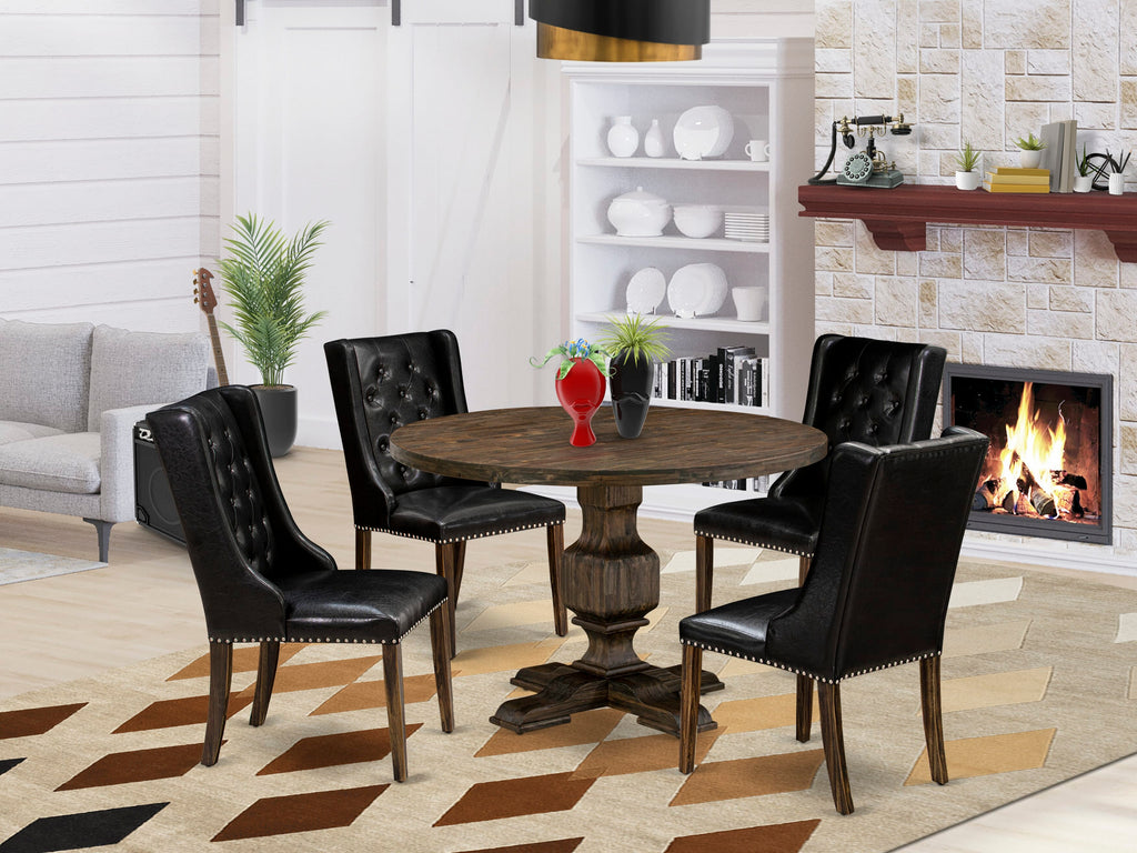 I3FO5-RIW 5-Piece Dining Collection Round Table with Pedestal & Black Leather Style Chairs, Distressed Finish
