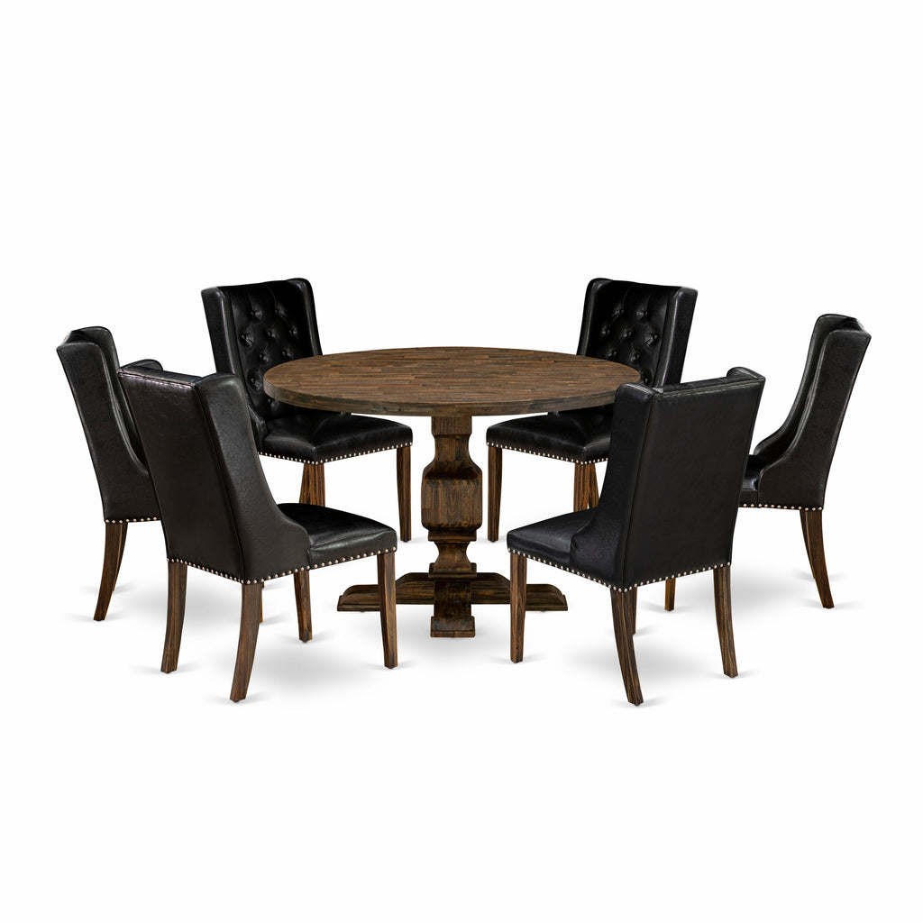 I3FO7-BAF 7-Piece Dining Ensemble with Round Pedestal Table and 6 Black Parson Chairs, Jacobean Finish