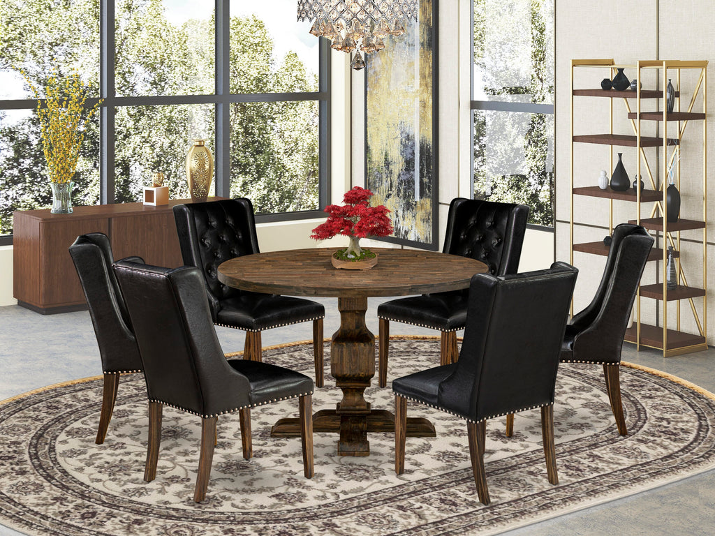 I3FO7-BAF 7-Piece Dining Ensemble with Round Pedestal Table and 6 Black Parson Chairs, Jacobean Finish