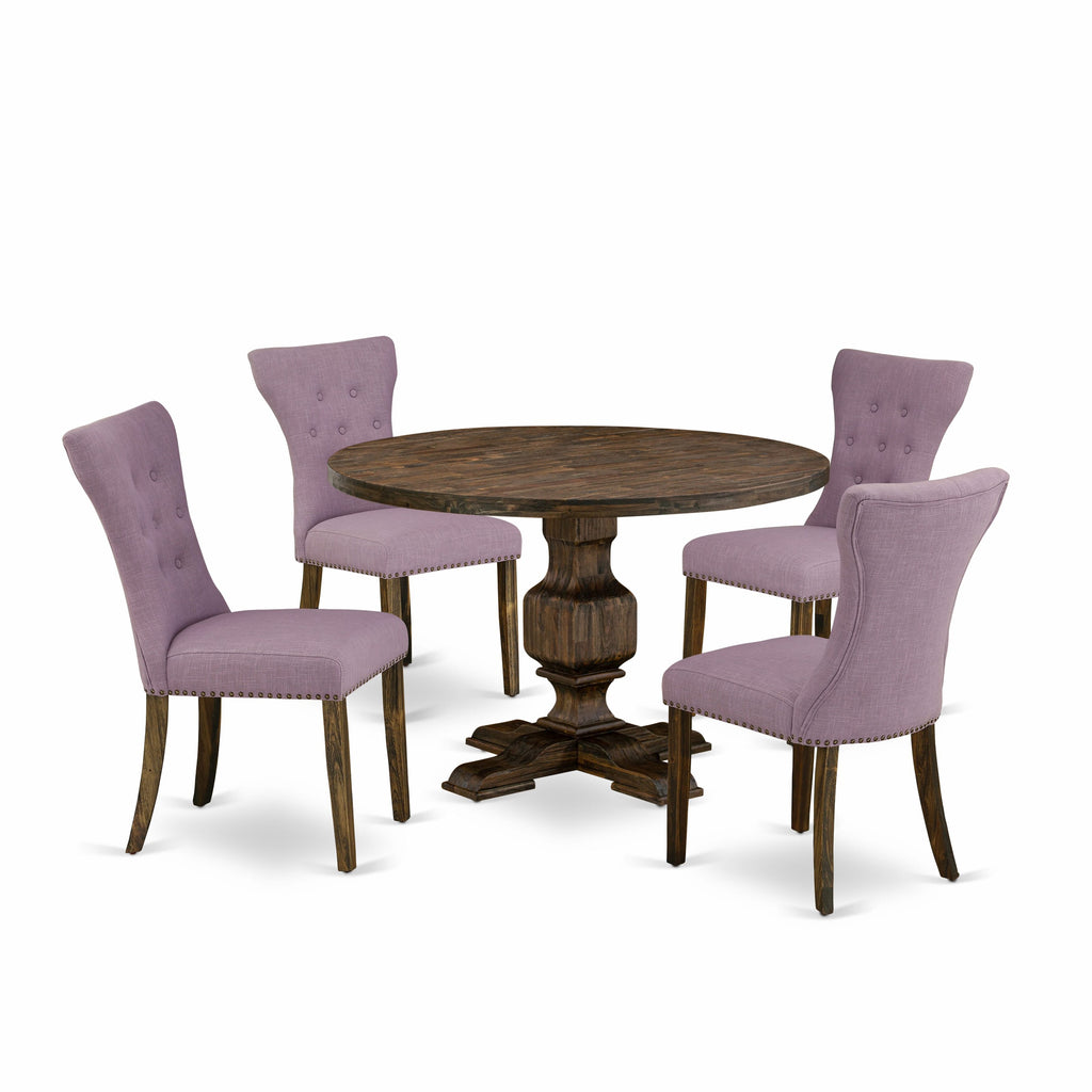 I3GA5-MO2 5-Piece Dining Set with Round Pedestal Table & 4 Fabric Parsons Chairs, 48x48 Distressed Jacobean
