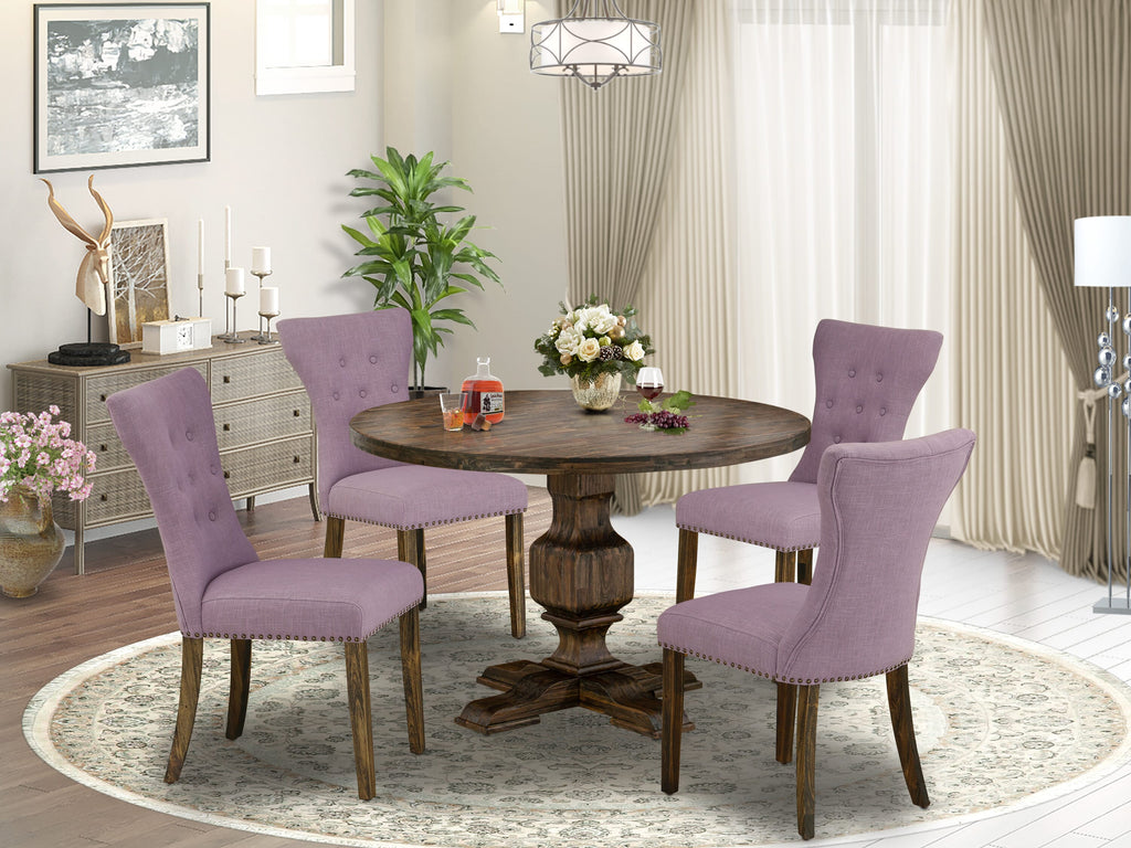 I3GA5-MO2 5-Piece Dining Set with Round Pedestal Table & 4 Fabric Parsons Chairs, 48x48 Distressed Jacobean