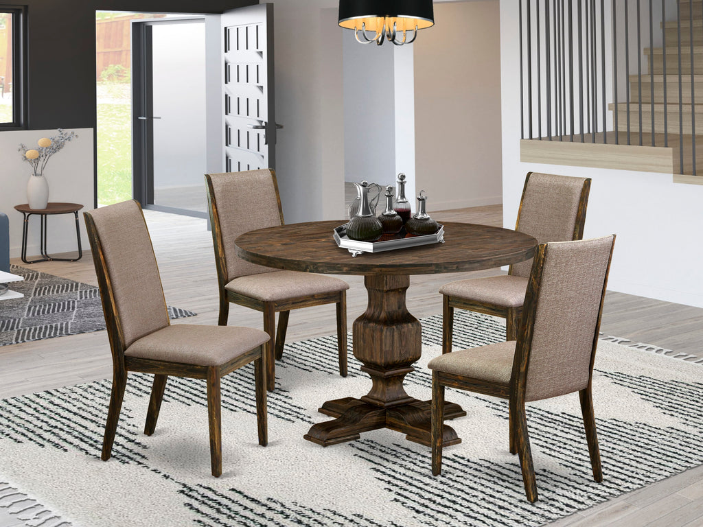 I3LA5-MIH 5 Piece Dining Ensemble Wooden Round Table & 4 Linen Chairs, Khaki Jacobean Finish