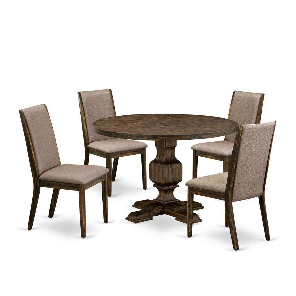 I3LA5-MIH 5 Piece Dining Ensemble Wooden Round Table & 4 Linen Chairs, Khaki Jacobean Finish