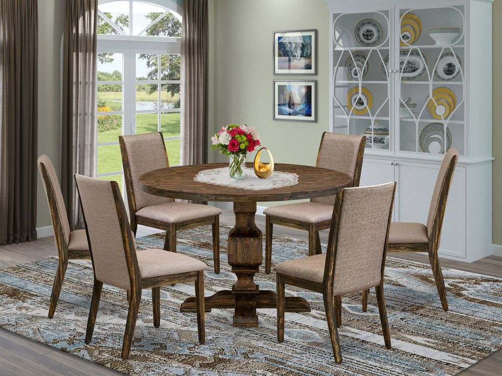 I3LA7-TK8 Seven-Piece Dining Ensemble with Round Table & 6 Linen Fabric Chairs in Khaki, Distressed Finish