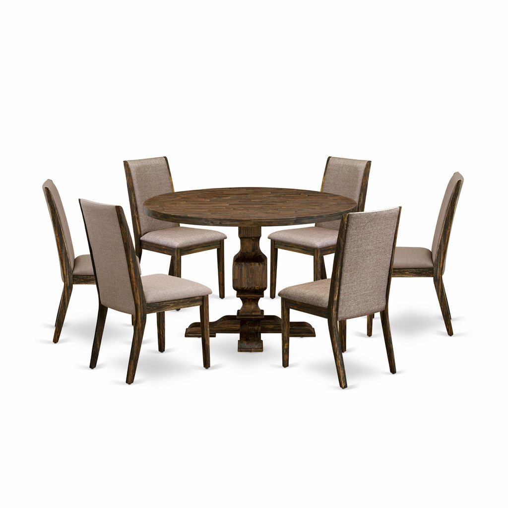 I3LA7-TK8 Seven-Piece Dining Ensemble with Round Table & 6 Linen Fabric Chairs in Khaki, Distressed Finish