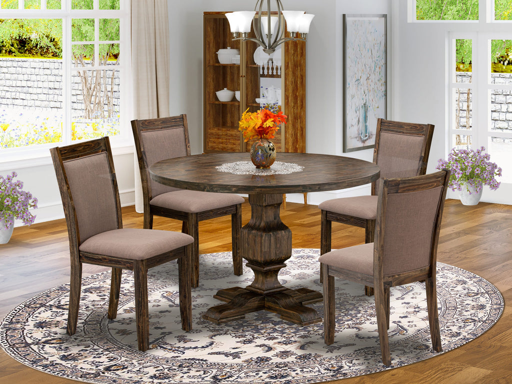 I3MZ5-SGL 5-Piece Dining Ensemble Elegant Round Table with 4 Coffee Linen Chairs, 48-Inch Distressed Jacobean Finish