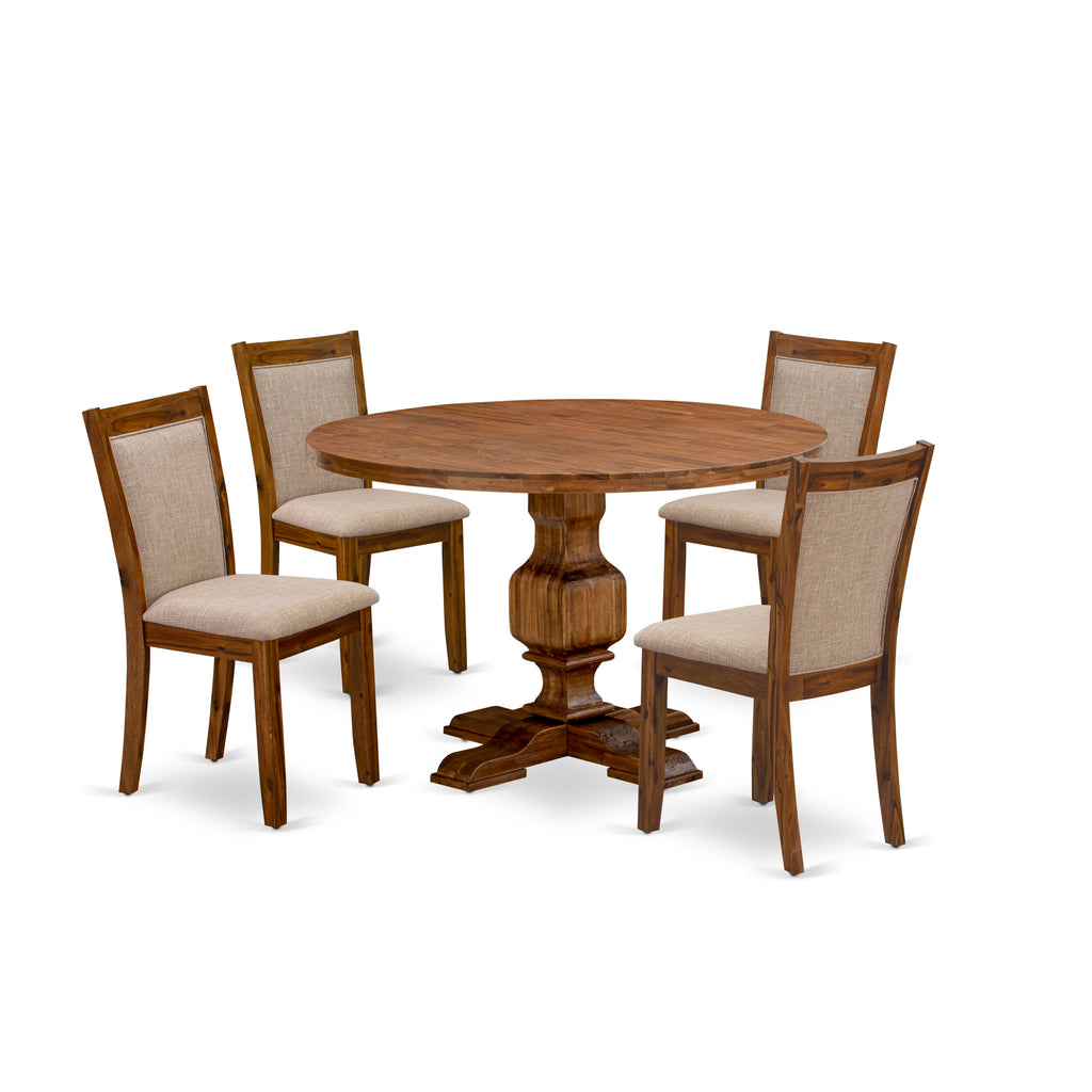 I3MZ5-0R4 5-Piece Contemporary Dining Ensemble Featuring Pedestal Table & Light Tan Upholstery Chairs