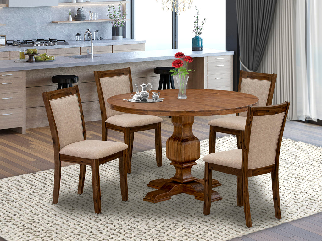 I3MZ5-0R4 5-Piece Contemporary Dining Ensemble Featuring Pedestal Table & Light Tan Upholstery Chairs