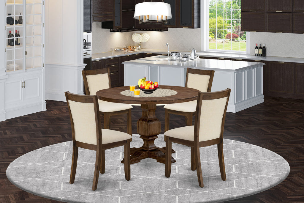 I3MZ5-GA-R8 5-Piece Dining Ensemble with Pedestal Table & 4 Beige Fabric Chairs, Antique Walnut Finish
