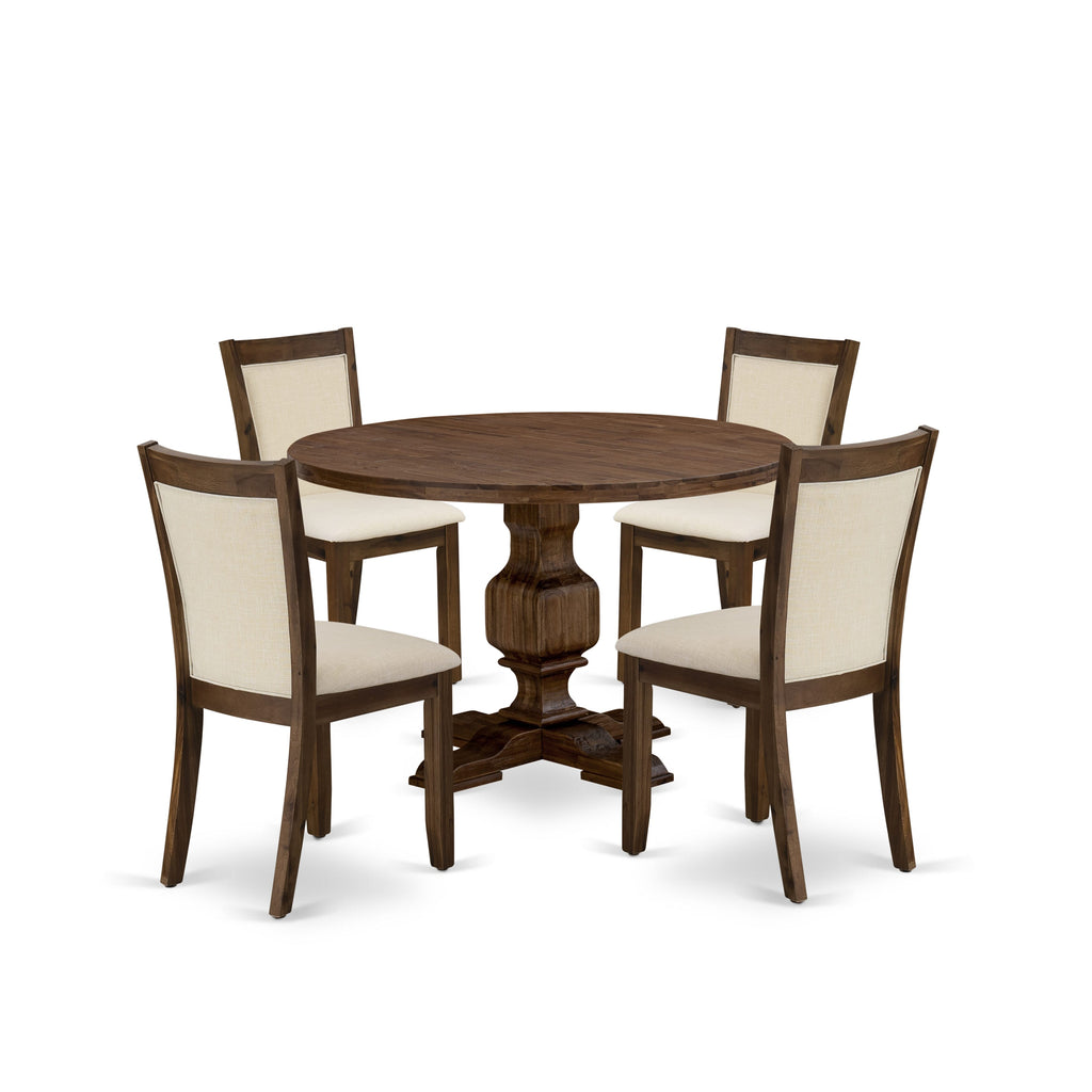 I3MZ5-GA-R8 5-Piece Dining Ensemble with Pedestal Table & 4 Beige Fabric Chairs, Antique Walnut Finish