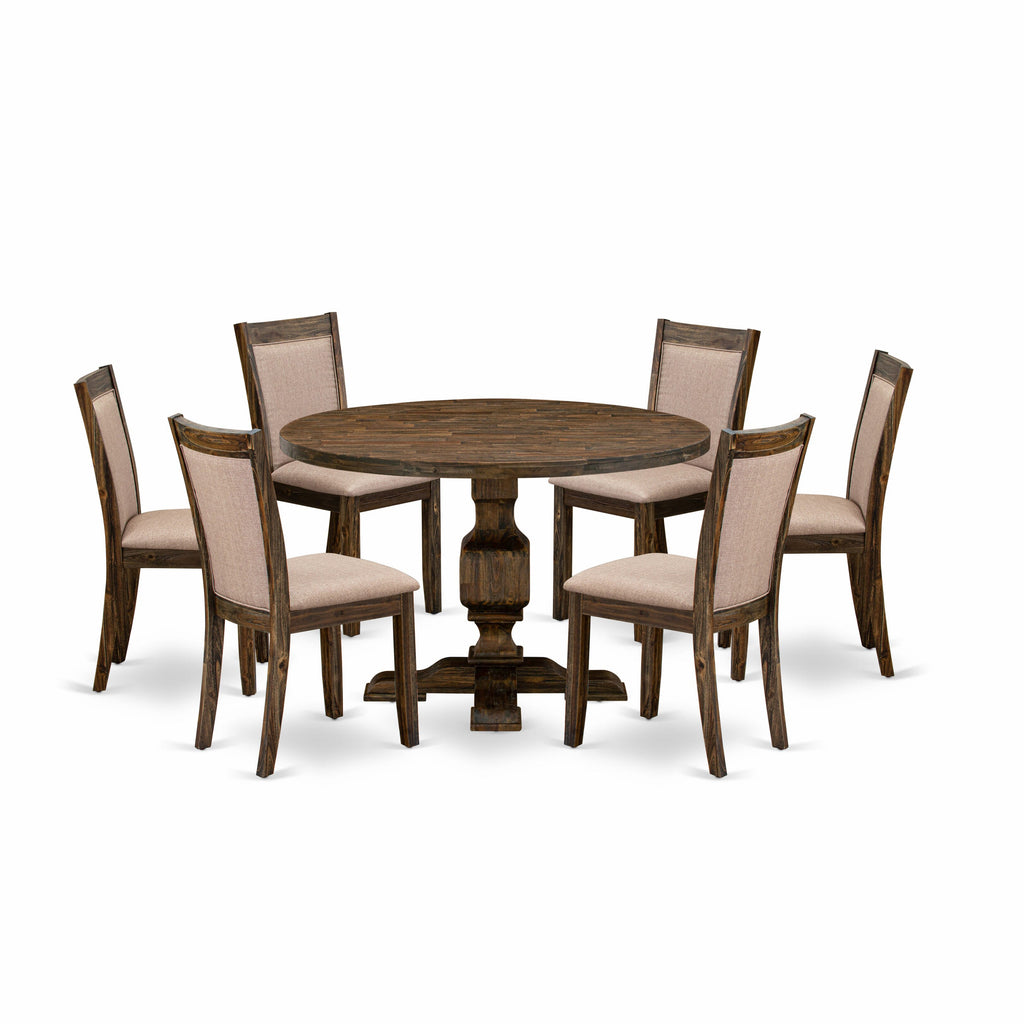 I3MZ7-Q8W 7-Piece Dining Suite Round Table with Pedestal Base & 6 Khaki Chairs, Jacobean Style