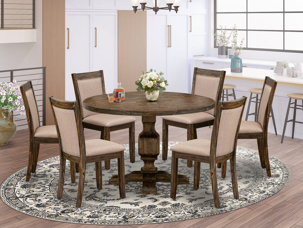 I3MZ7-Q8W 7-Piece Dining Suite Round Table with Pedestal Base & 6 Khaki Chairs, Jacobean Style
