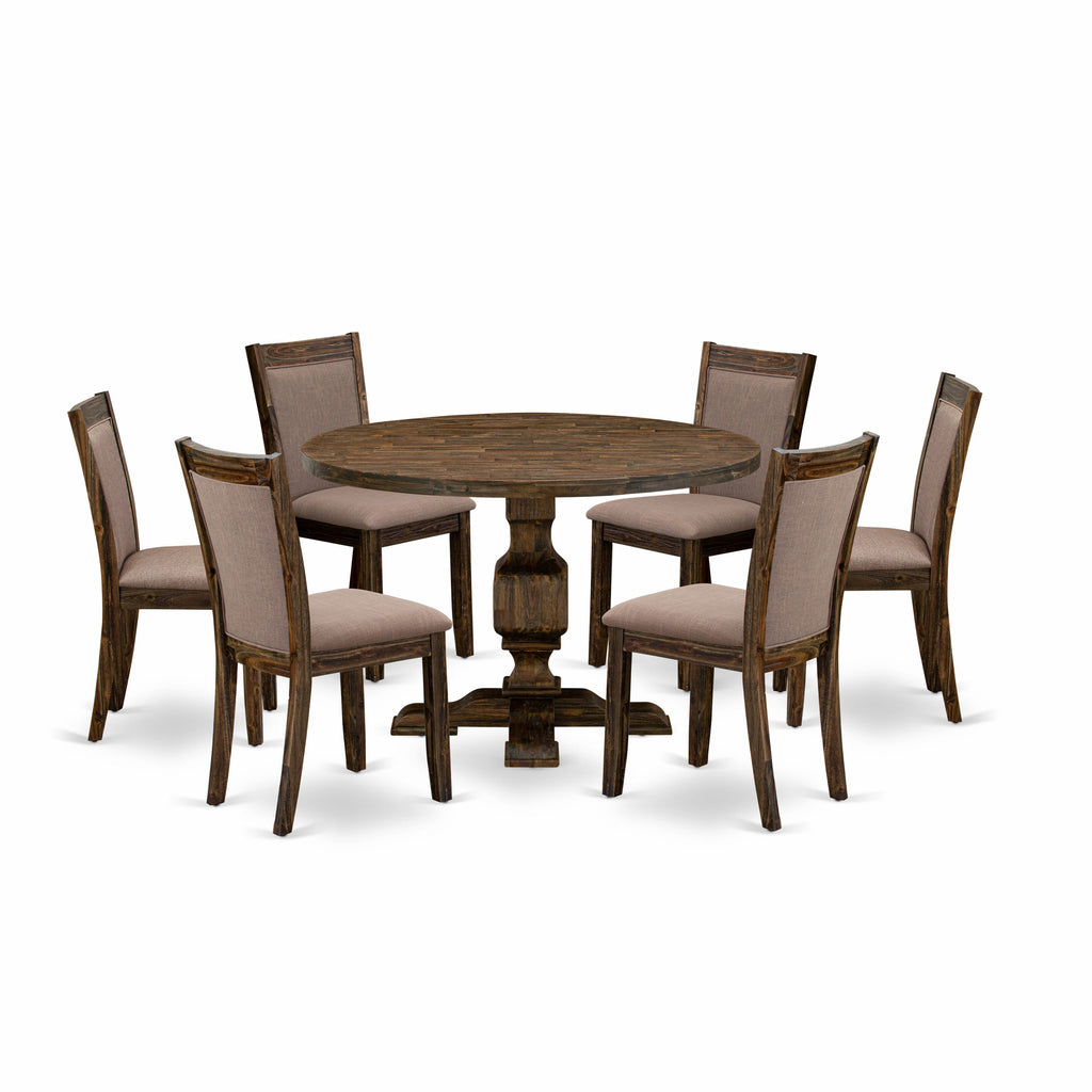 I3MZ7-IQC 7-Piece Set Circular Dining Table with Stand & 6 Fabric-Covered Seats, Coffee Linen 48 Distressed Jacobean