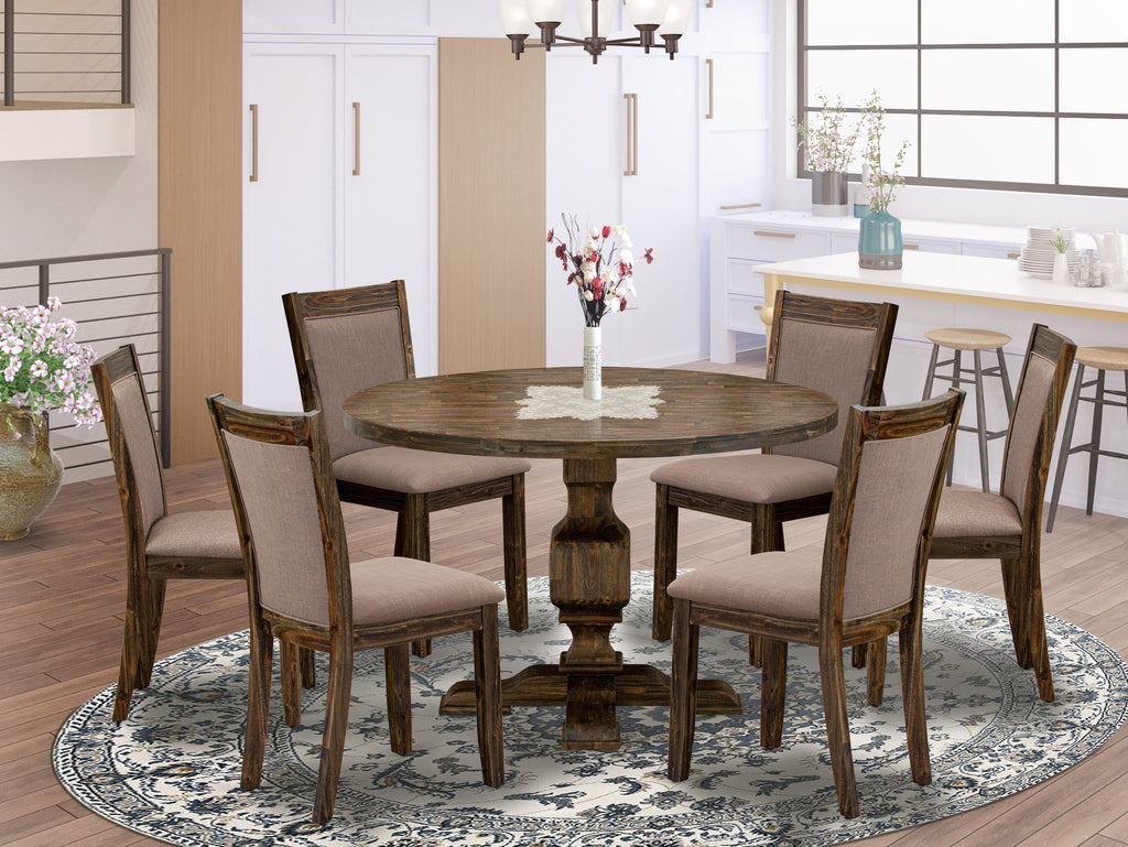 I3MZ7-IQC 7-Piece Set Circular Dining Table with Stand & 6 Fabric-Covered Seats, Coffee Linen 48 Distressed Jacobean