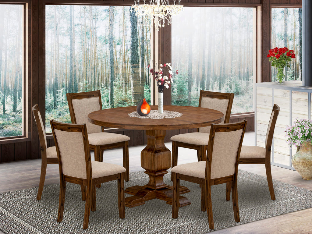 I3MZ7-I5S Antique Walnut 7-Piece Set Round Dining Table & 6 Upholstered Chairs, 48-Inch