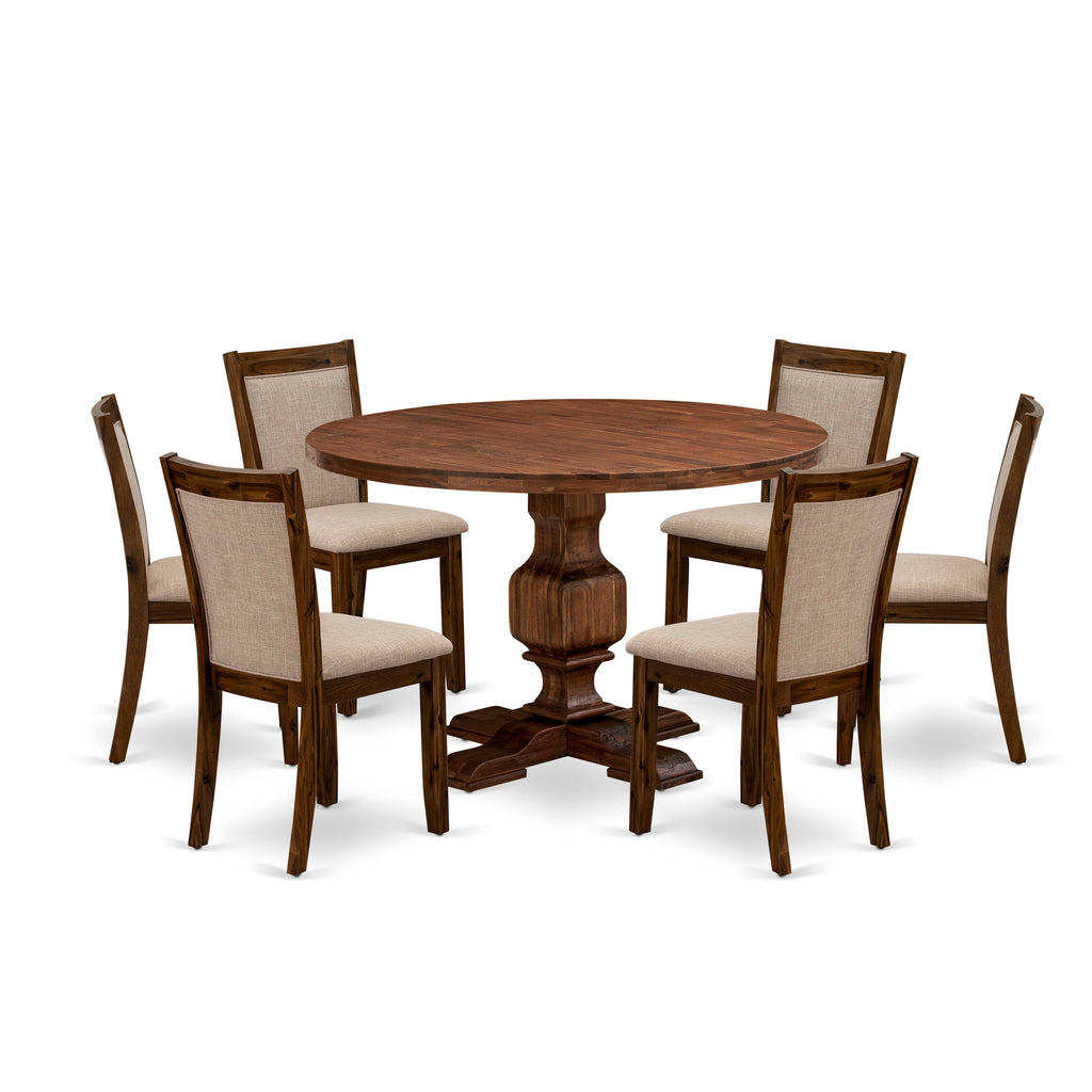 I3MZ7-I5S Antique Walnut 7-Piece Set Round Dining Table & 6 Upholstered Chairs, 48-Inch