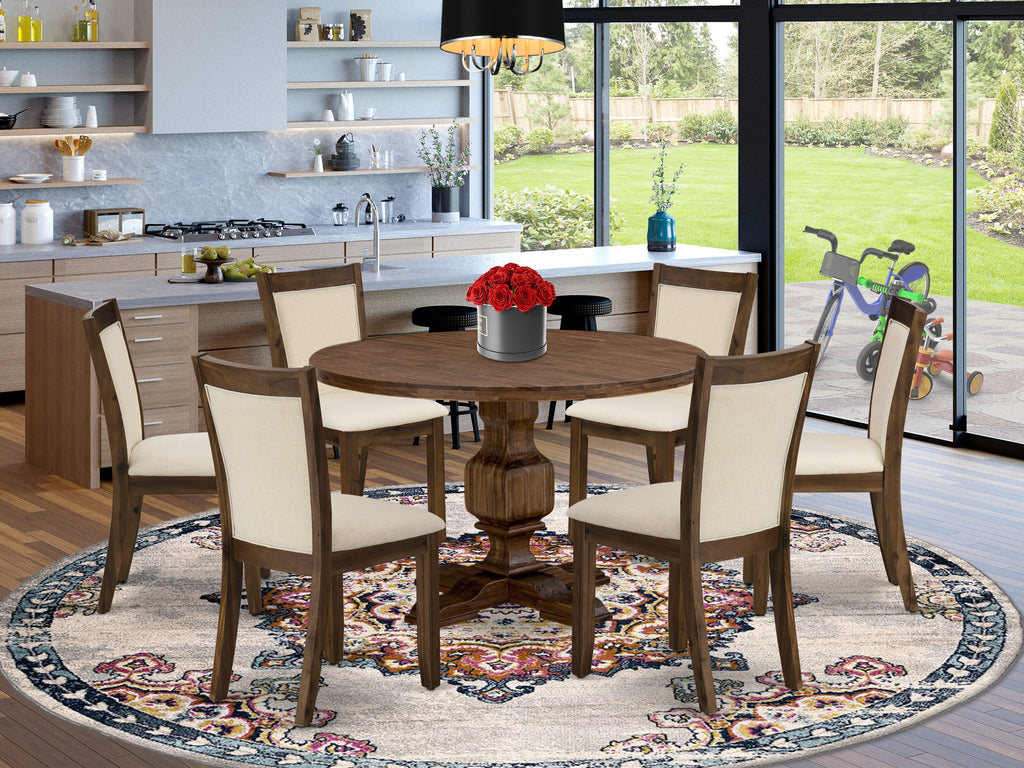 I3MZ7-H2-3D Dining Ensemble 7-Piece Set with Round Table and 6 Linen Chairs in Beige, 48 Sandblasted Antique Walnut