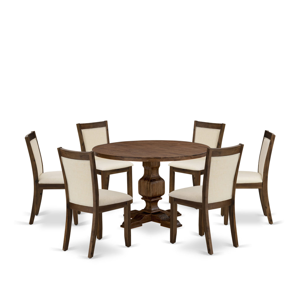 I3MZ7-H2-3D Dining Ensemble 7-Piece Set with Round Table and 6 Linen Chairs in Beige, 48 Sandblasted Antique Walnut