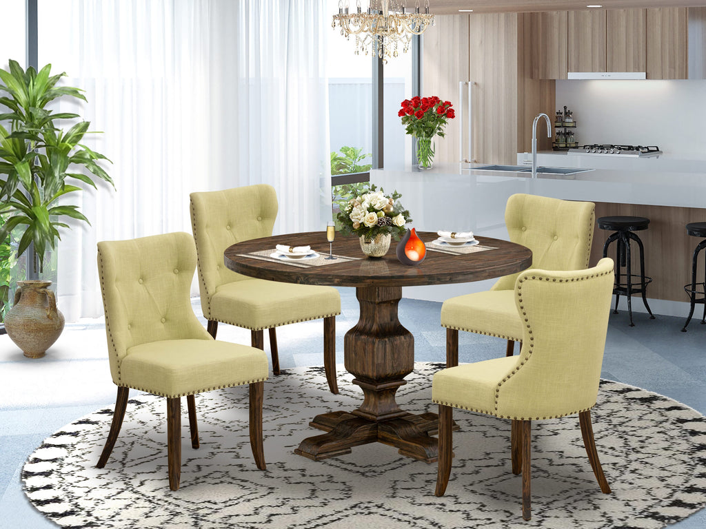 I3SI5-TWX Dining Ensemble Round Wood Table & 4 Lime Linen Chairs, 48x48 Inch, Jacobean Style