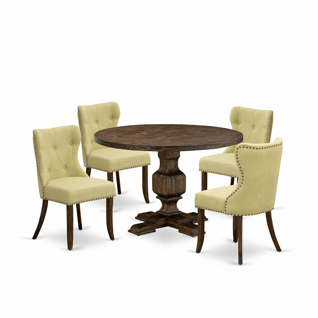 I3SI5-TWX Dining Ensemble Round Wood Table & 4 Lime Linen Chairs, 48x48 Inch, Jacobean Style