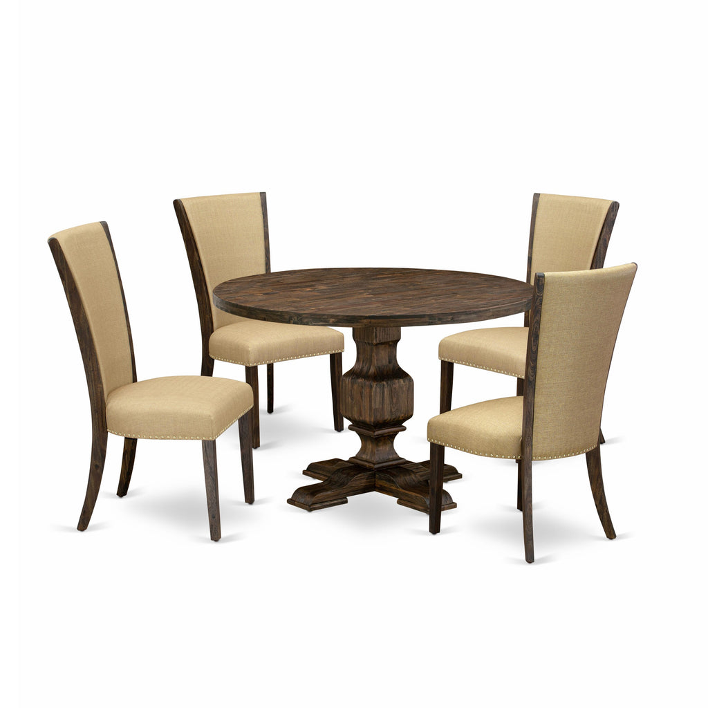 I3VE5-9AP 5-Piece Dining Set Round Pedestal Table & 4 Brown Upholstered Chairs, 48in, Distressed Jacobean