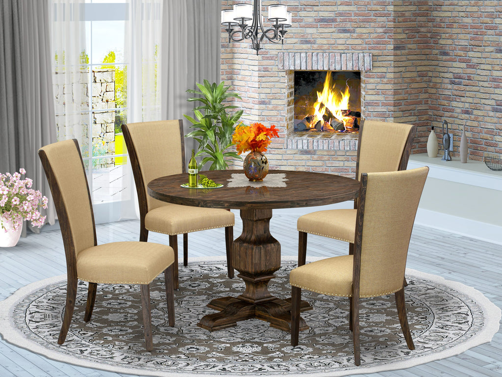 I3VE5-9AP 5-Piece Dining Set Round Pedestal Table & 4 Brown Upholstered Chairs, 48in, Distressed Jacobean