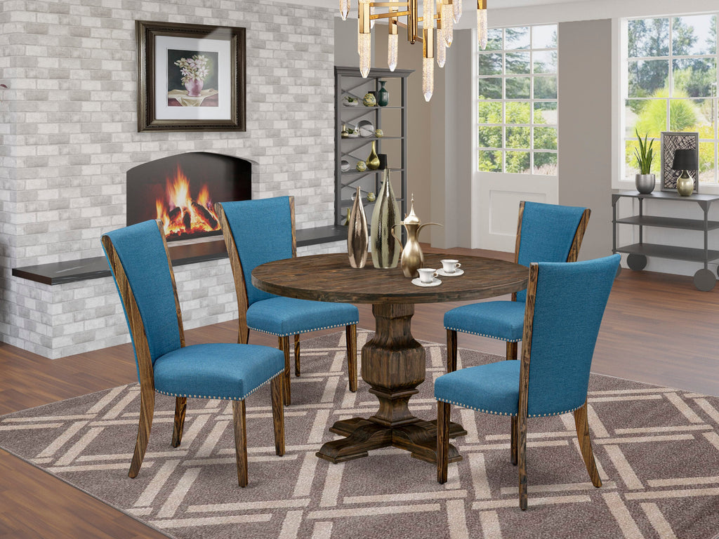 I3VE5-YX6 Elegant 5-Piece Dining Ensemble - Round Pedestal Table & Plush Blue Chairs, Distressed Jacobean