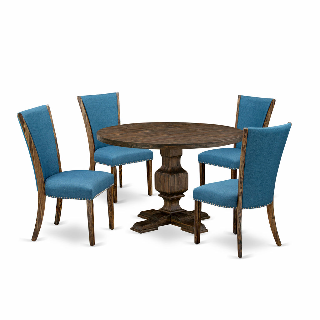 I3VE5-YX6 Elegant 5-Piece Dining Ensemble - Round Pedestal Table & Plush Blue Chairs, Distressed Jacobean