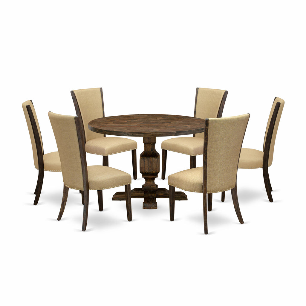 I3VE7-XBZ 7-Piece Dining Ensemble Round Pedestal Table & 6 Brown Linen Chairs, 48 Distressed Jacobean