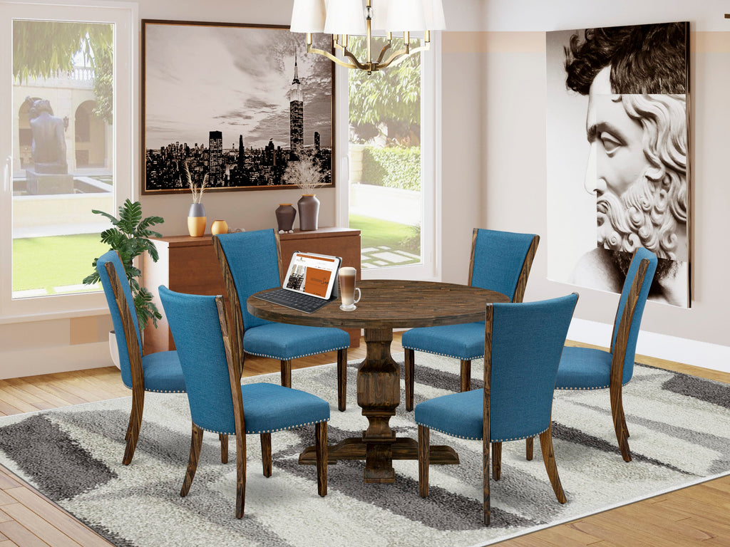 I3VE7-HK7 Stylish 7-Piece Dining Ensemble with Circular Wood Table & Linen Chairs, Distressed Finish