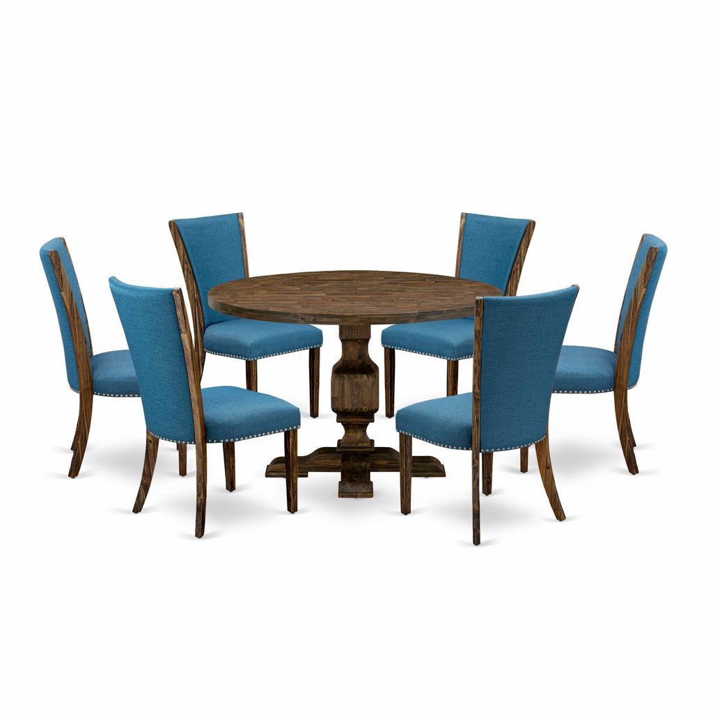 I3VE7-HK7 Stylish 7-Piece Dining Ensemble with Circular Wood Table & Linen Chairs, Distressed Finish