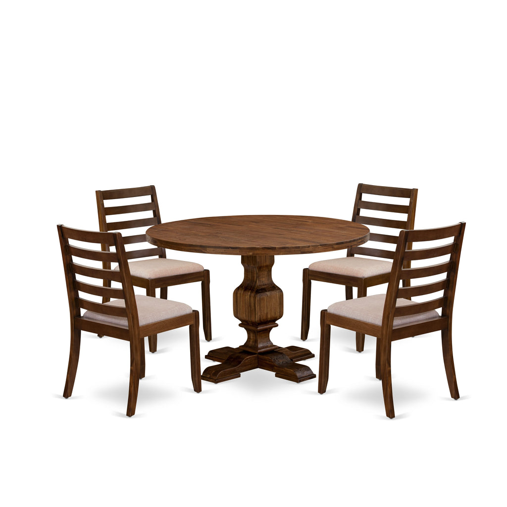 I3X15-6R-LB 5-Piece Dining Ensemble with Round Walnut Table & Light Tan Linen Seats