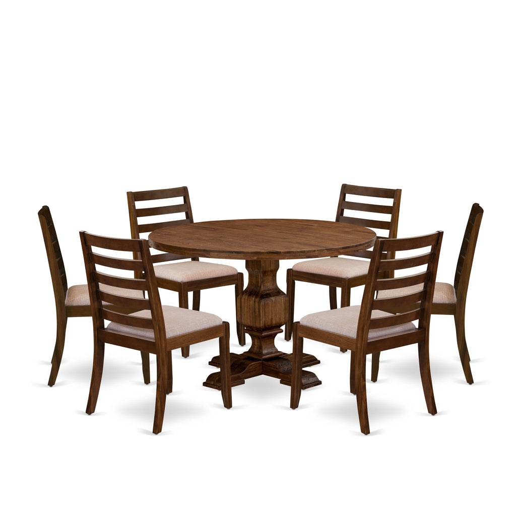 I3X17-2R-8W 7-Piece Dining Set with Round Table & 6 Linen Chairs in Antique Walnut Style