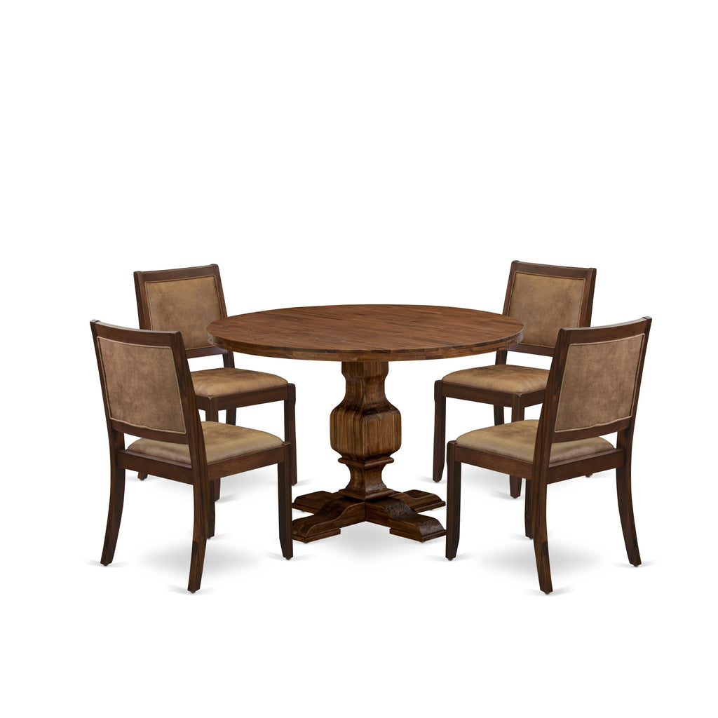 I3X25-7T-KX 5-Piece Dining Ensemble with Circular Table and 4 Tan Fabric Chairs, Walnut Elegance Finish