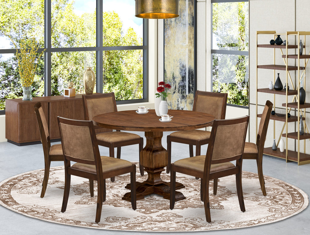 I3X27-19-AJ 7-Piece Round Dining Table Set with 6 Stackable Linen Chairs, Antique Walnut Finish