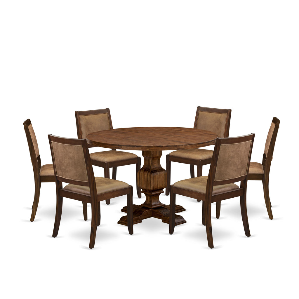 I3X27-19-AJ 7-Piece Round Dining Table Set with 6 Stackable Linen Chairs, Antique Walnut Finish