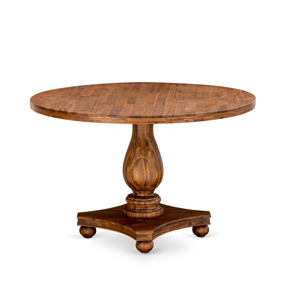 IR2-04-3T Rustic Round Dining Table - Pedestal Base Design in Antique Walnut with Sandblasting Finish, 48x48