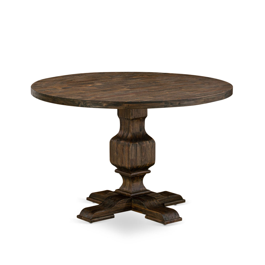 I3VE5-9AP 5-Piece Dining Set Round Pedestal Table & 4 Brown Upholstered Chairs, 48in, Distressed Jacobean