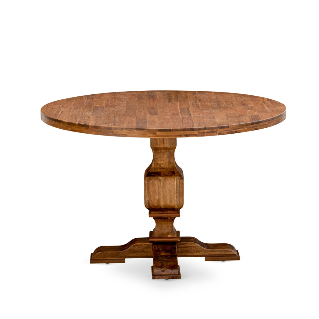 IR3-0V-KM Round Dining Table with Pedestal Base, Antique Sandblasting Walnut, 48-Inch Diameter
