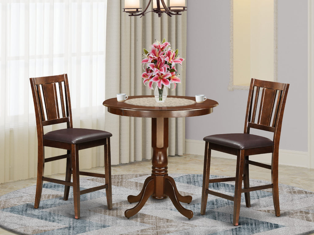 JABU3-EQ5-JA 3-Piece Counter Table Set Round Dining Table & 2 Luxe Faux Leather Chairs in Elegant Mahogany