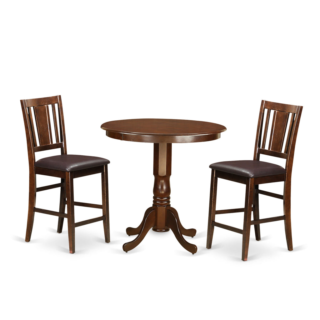 JABU3-EQ5-JA 3-Piece Counter Table Set Round Dining Table & 2 Luxe Faux Leather Chairs in Elegant Mahogany