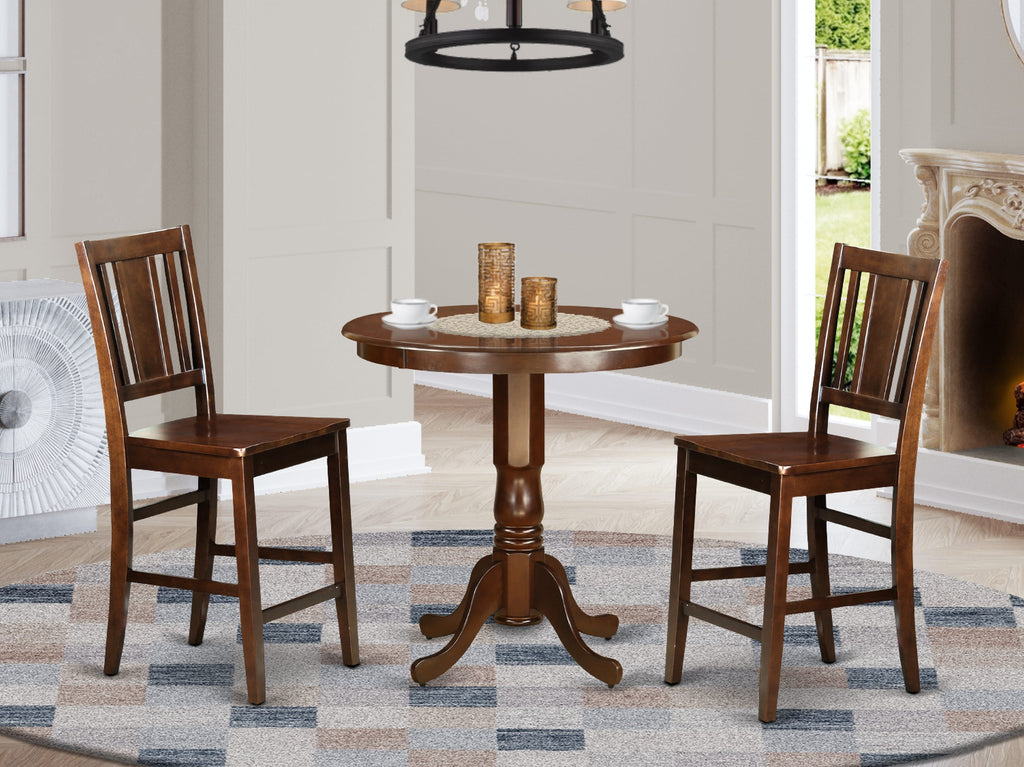 JABU3-BWA-4 3-Piece Counter-High Dining Ensemble with Round Pedestal Table & Pair of Chairs, 36x36 in, Mahogany Charm