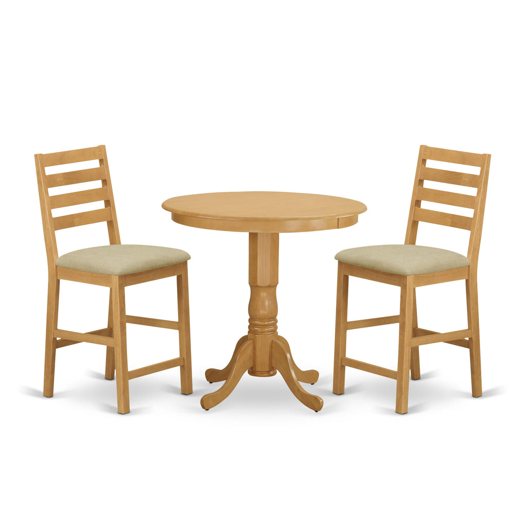JACF3-77Q-W 3-Piece High Counter Dining Set with Pedestal Table and Two Fabric Upholstered Chairs, 36 Oak