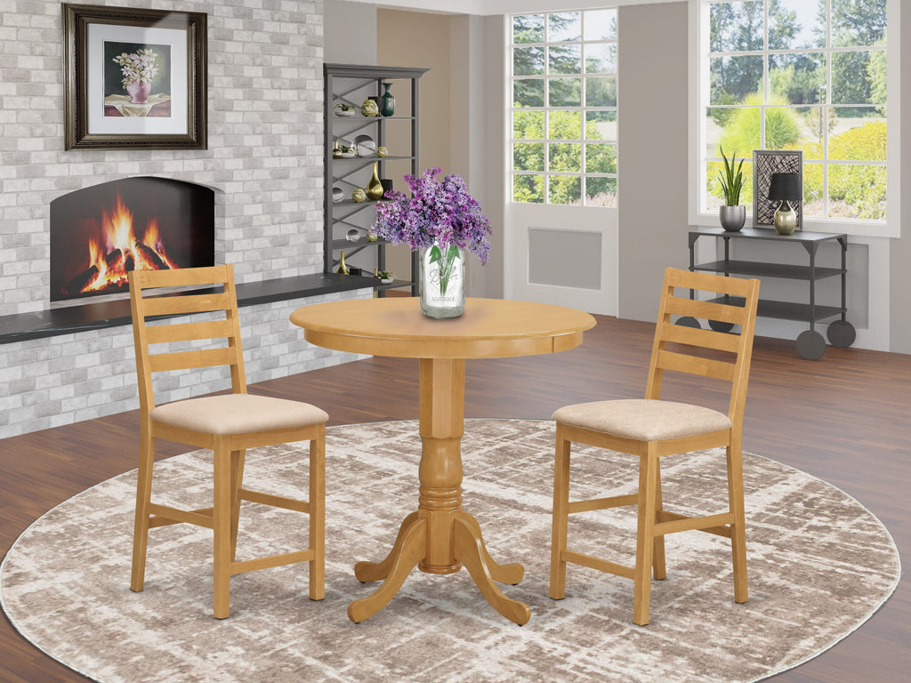 JACF3-77Q-W 3-Piece High Counter Dining Set with Pedestal Table and Two Fabric Upholstered Chairs, 36 Oak
