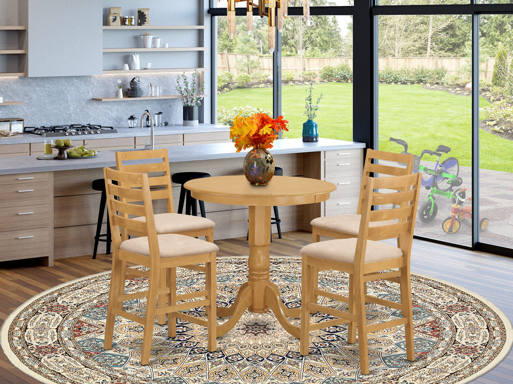 JACF5-VKZ-V Elegant 5-Piece Bar Height Set with Round Pedestal Table & Linen Cushioned Chairs, Oak 36x36 Inch