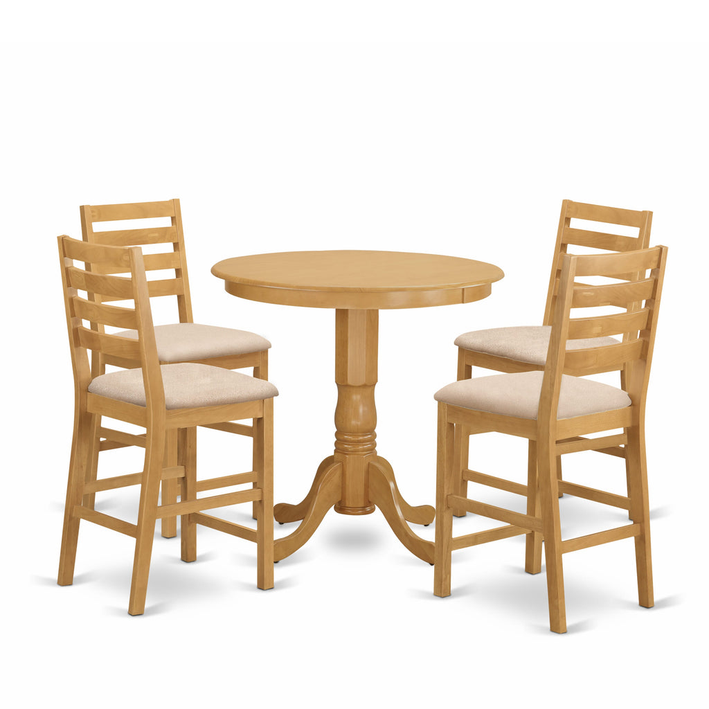 JACF5-VKZ-V Elegant 5-Piece Bar Height Set with Round Pedestal Table & Linen Cushioned Chairs, Oak 36x36 Inch