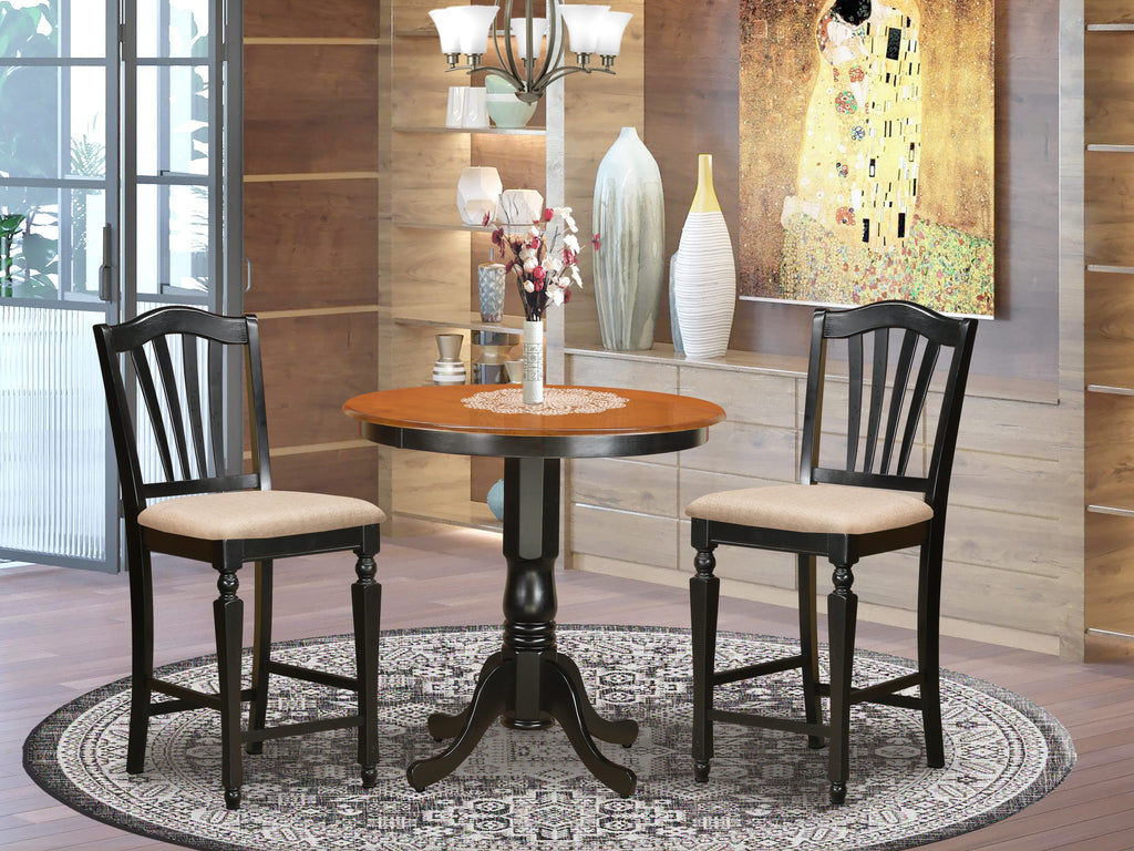 JACH3-AUV-J Stylish Trio Dining Ensemble with Round Table and 2 Linen Chairs, 36x36, Black & Cherry